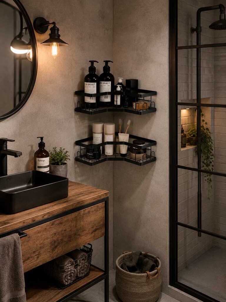 Estantes adhesivos para ganar almacenamiento en un baño