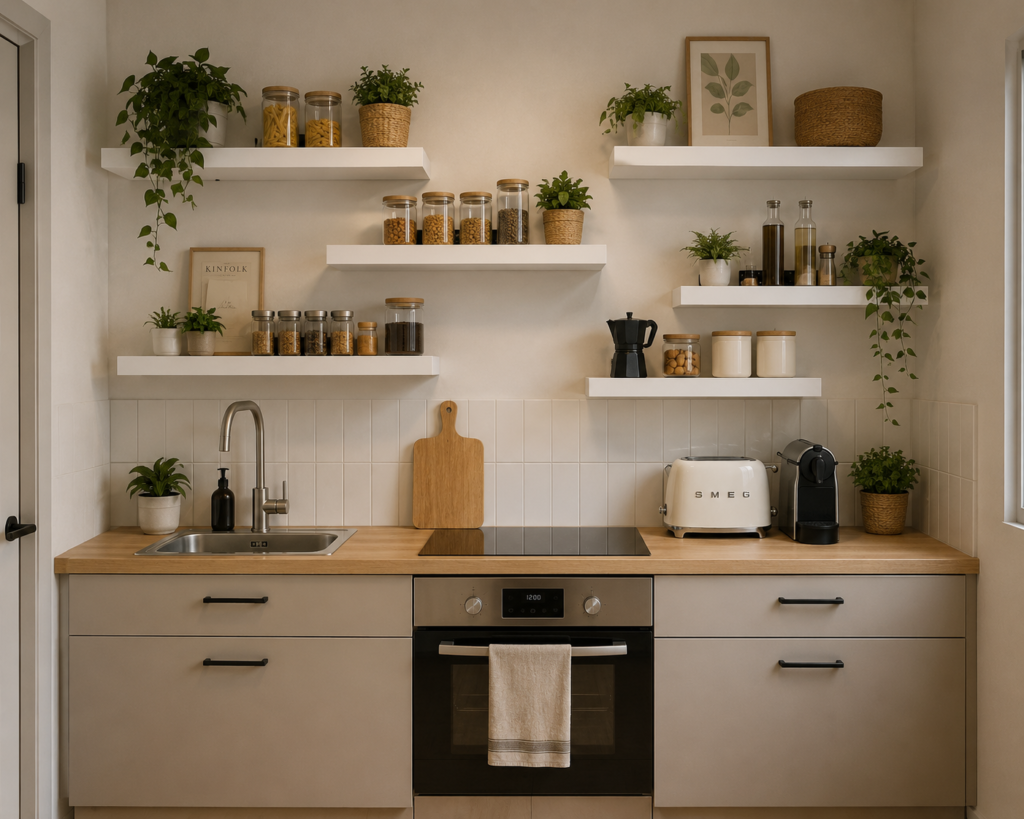 Baldas flotantes en una cocina pequeña para ganar almacenamiento