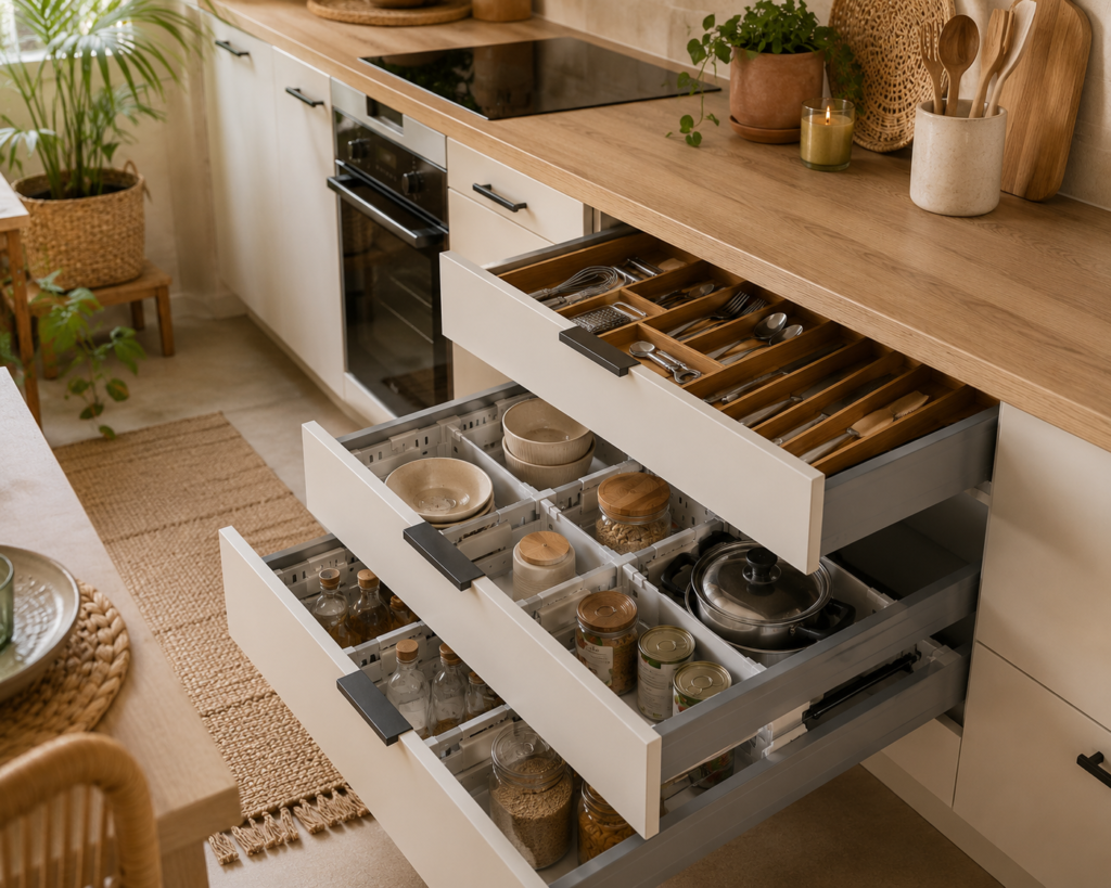 Bandejas extraíbles y separadores para los cajones de cocina