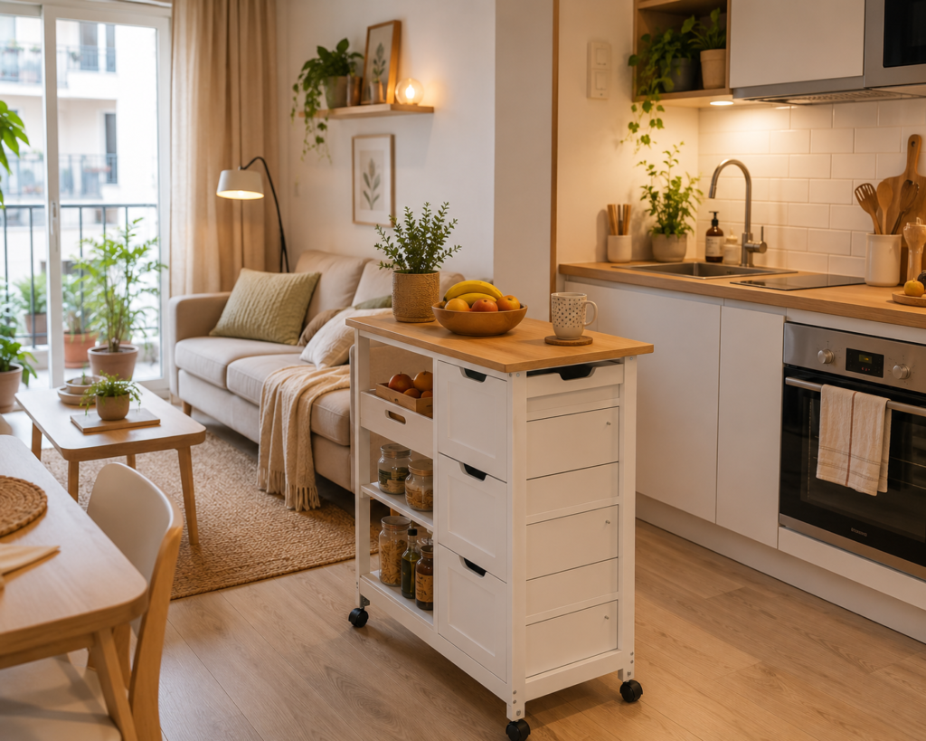 Camarera o mueble con ruedas en cocina
