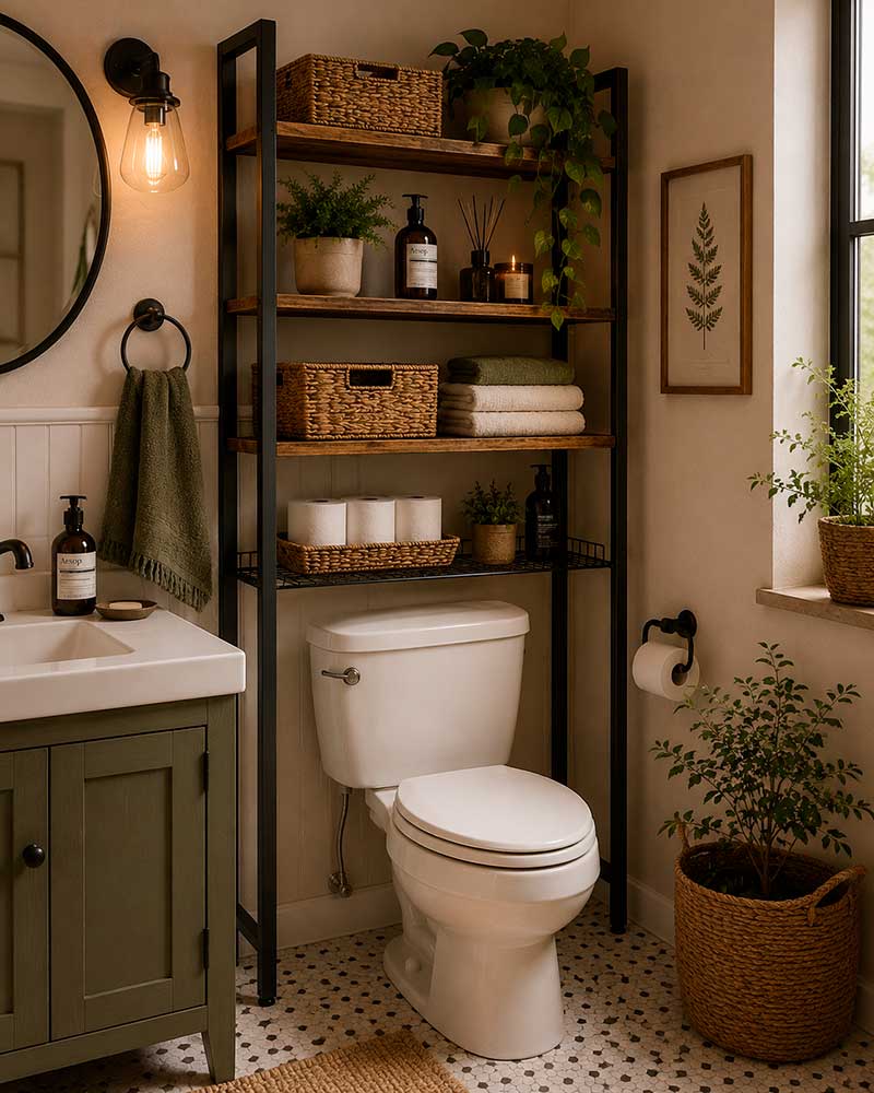 Ganar almacenamiento en un baño pequeño sin obra con un mueble sobre el inodoro