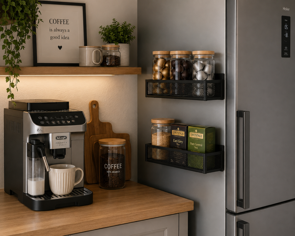 Crea un Coffee Corner en el lateral del frigorífico con unas baldas magnéticas