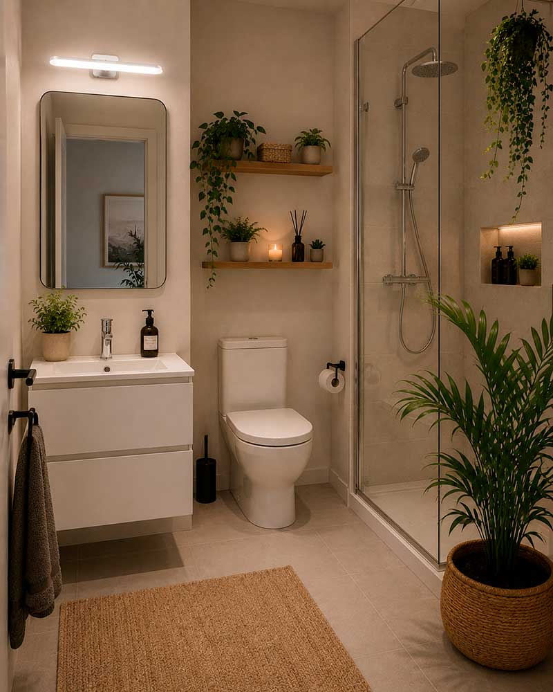 Lavado de cara de un baño de alquiler con plantas